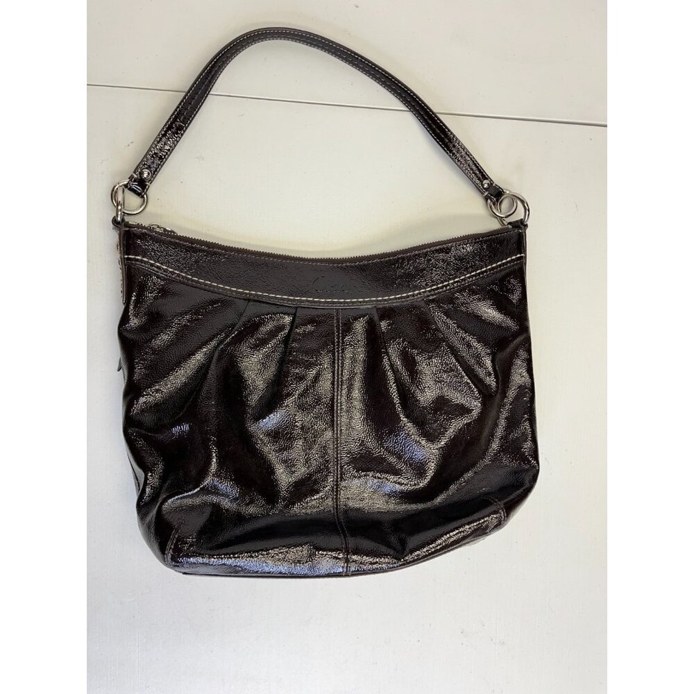 Coach Z19601 Patent Leather Soho Shoulder Handbag Purse Gunmetal Black Strap